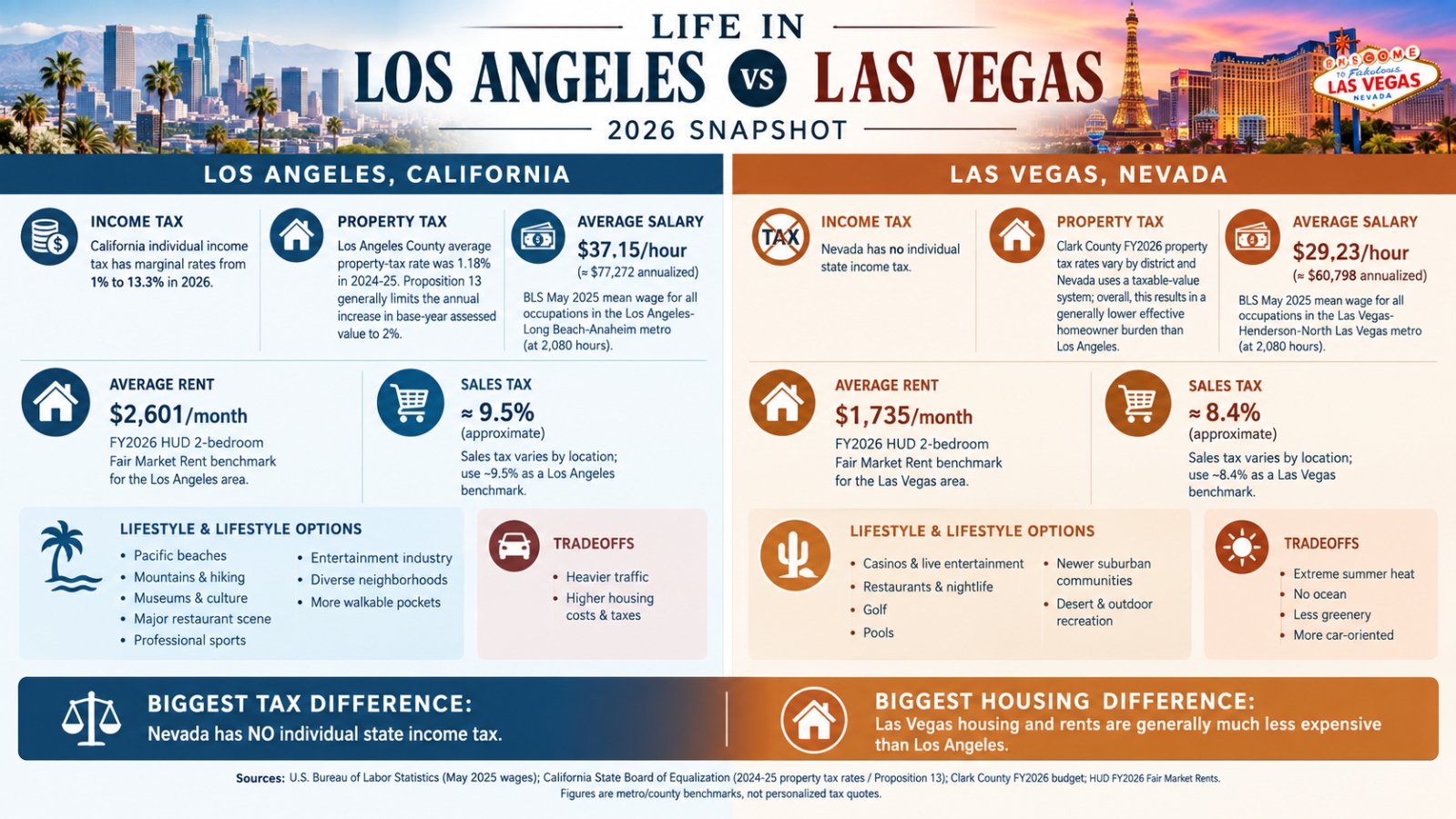 2026 comparison of Los Angeles and Las Vegas covering income tax, property tax, average salary, rent, sales tax, lifestyle options, and tradeoffs